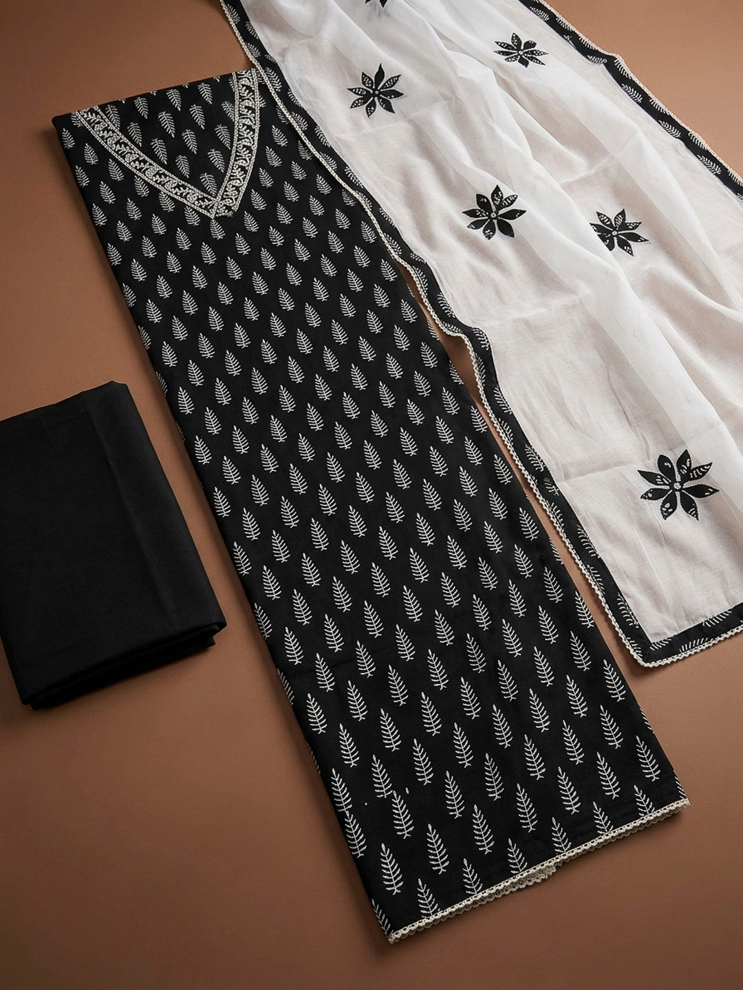 Black Printed Cotton Blend Unstitched Dress Material
