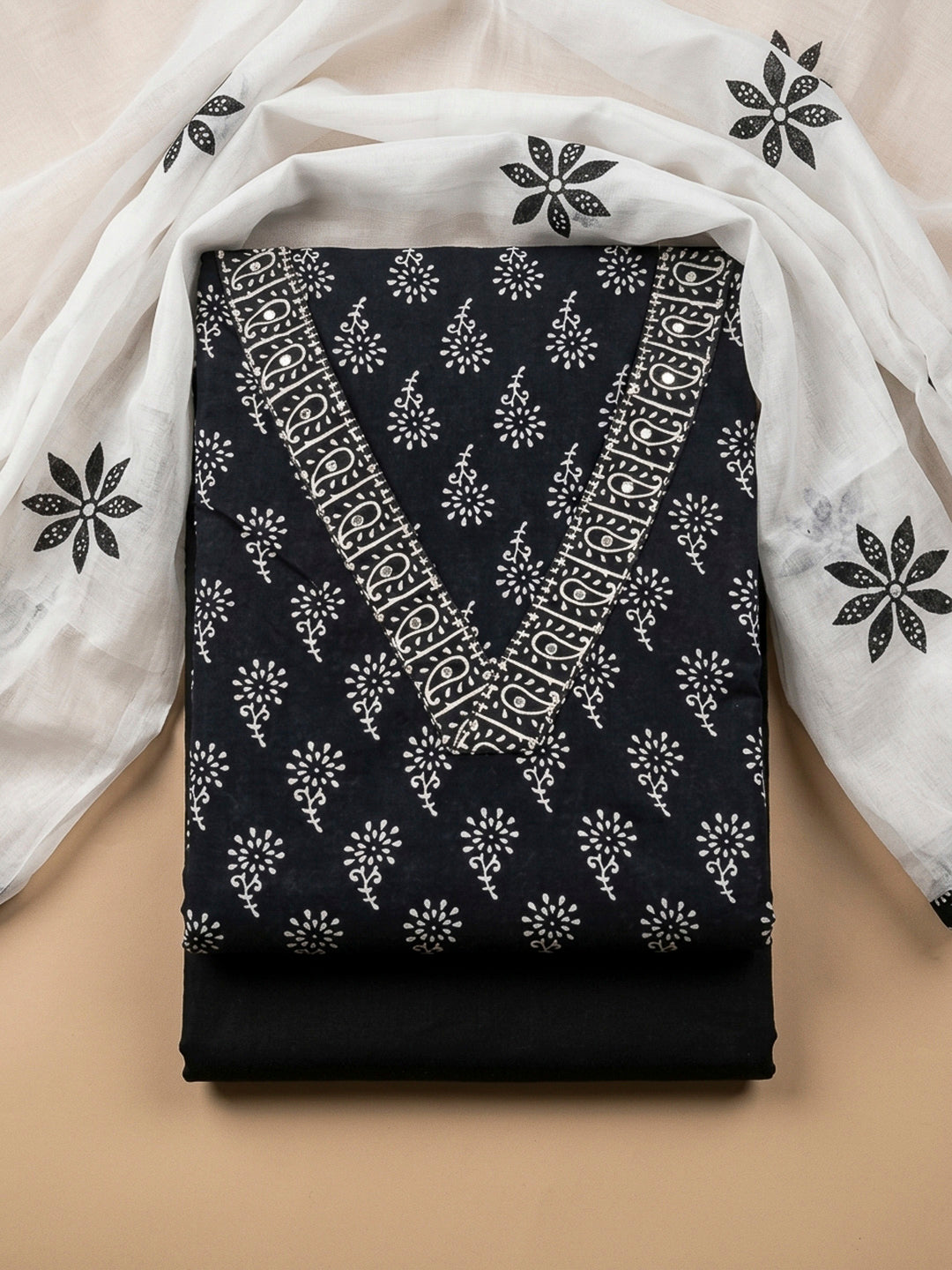 Black Printed Cotton Blend Unstitched Dress Material