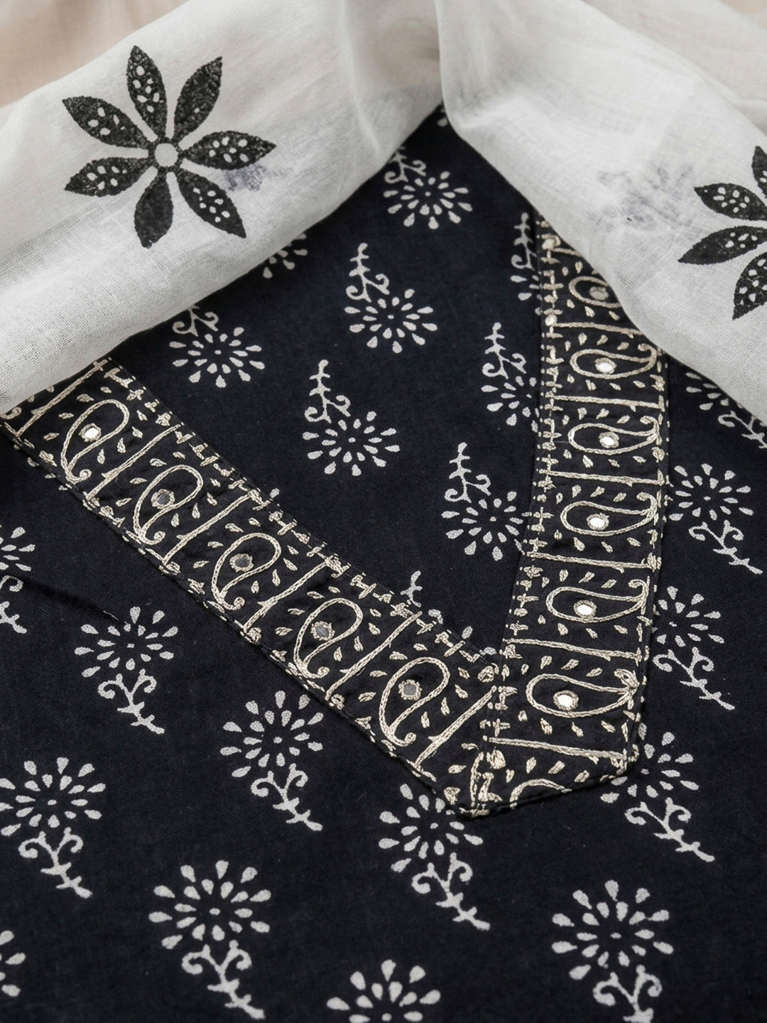 Black Printed Cotton Blend Unstitched Dress Material