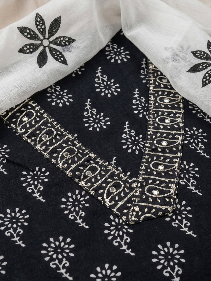 Black Printed Cotton Blend Unstitched Dress Material