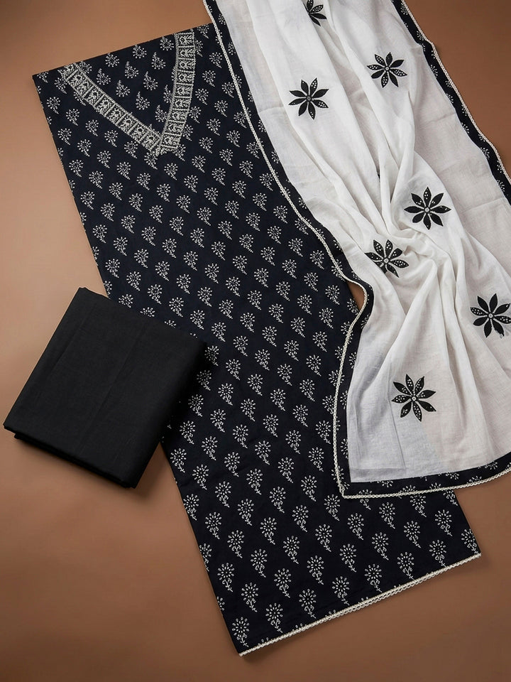 Black Printed Cotton Blend Unstitched Dress Material