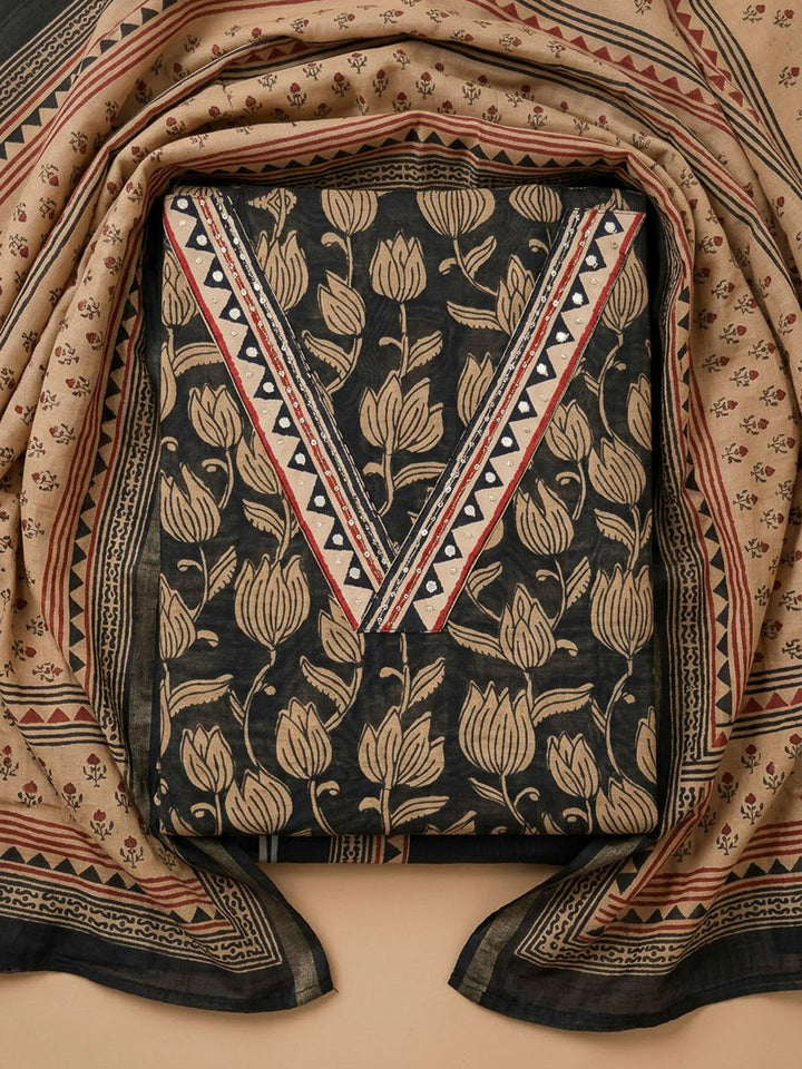Black Chanderi Printed Unstitched Dress Material