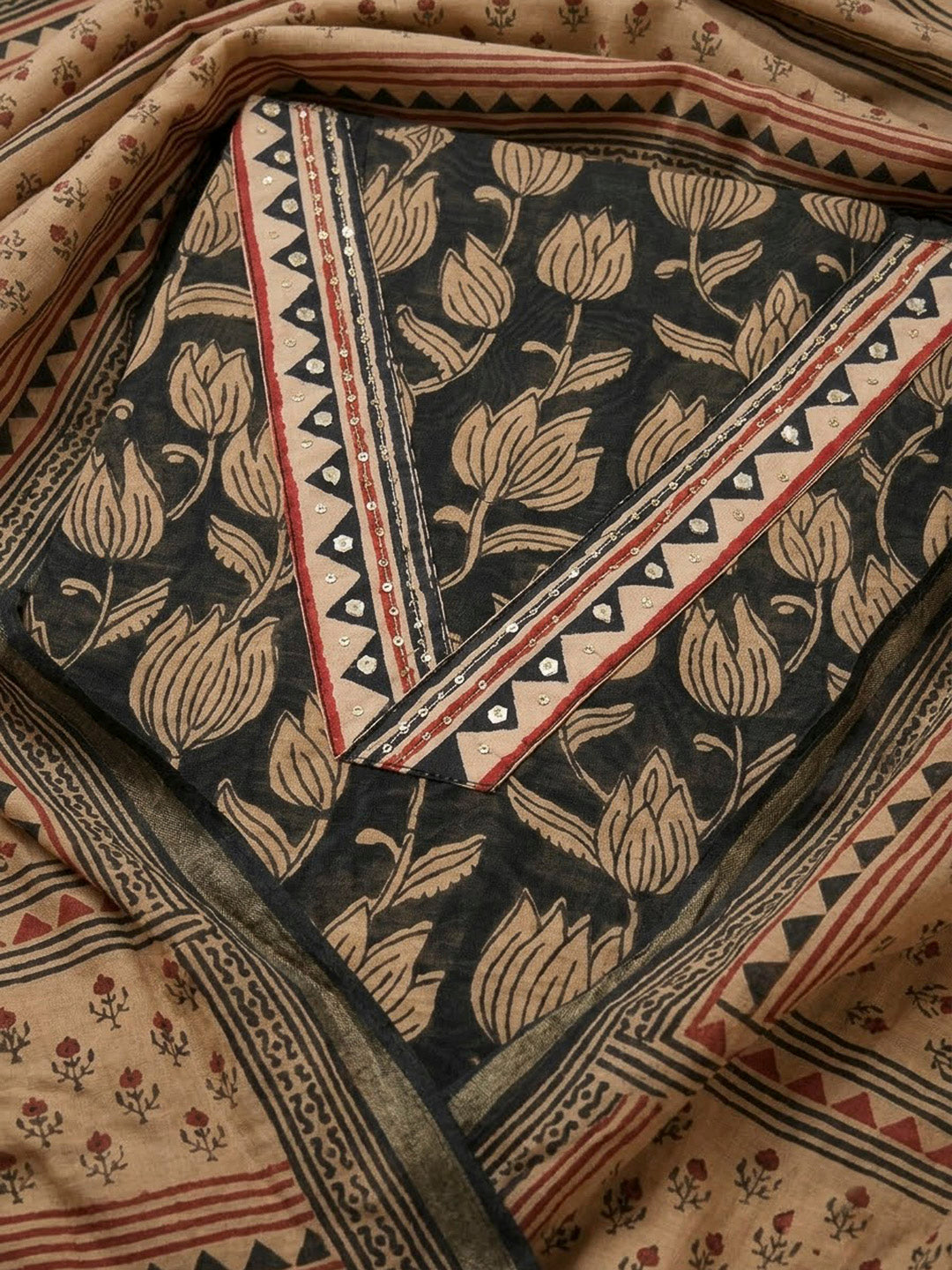 Black Chanderi Printed Unstitched Dress Material
