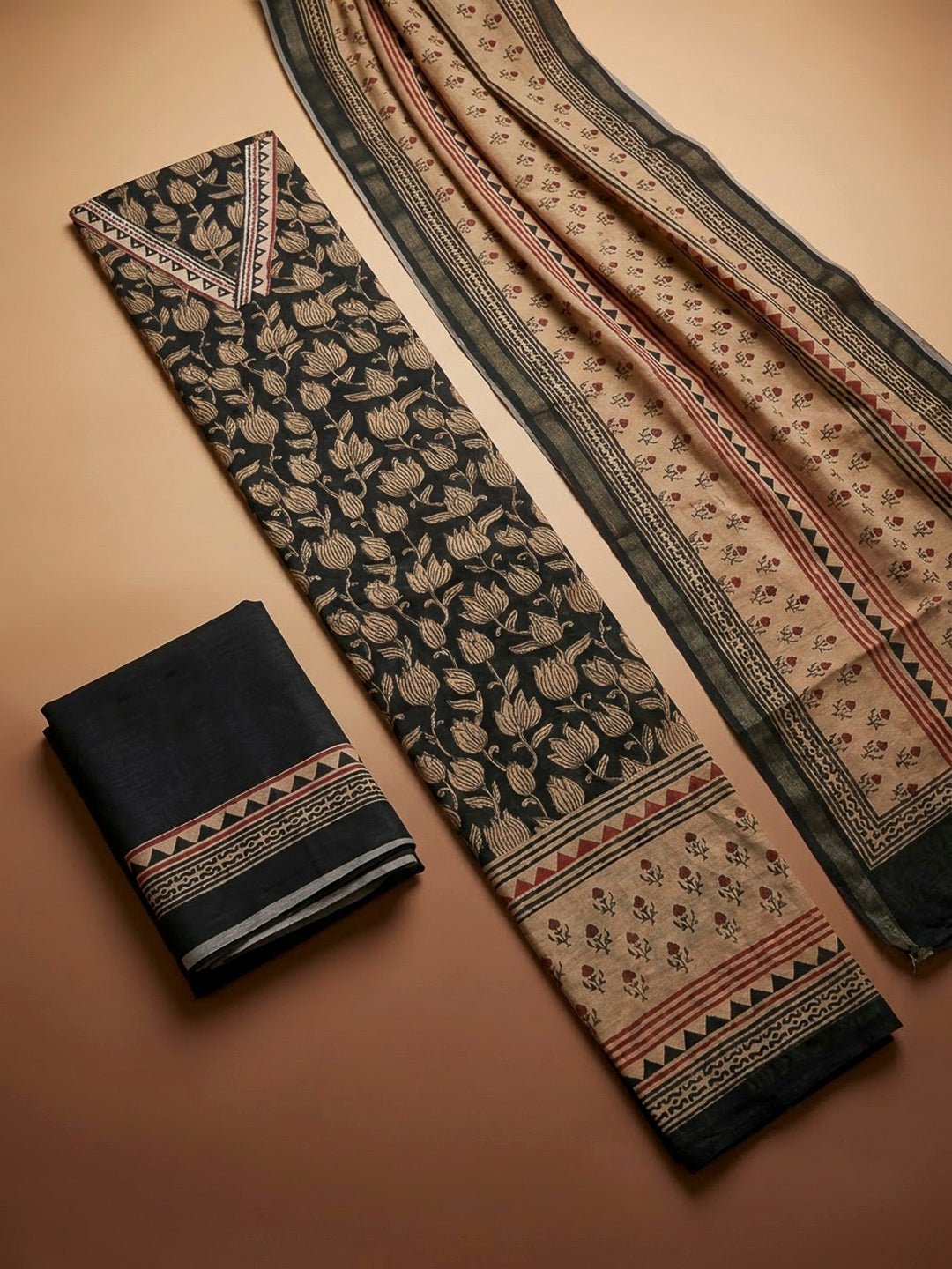 Black Chanderi Printed Unstitched Dress Material