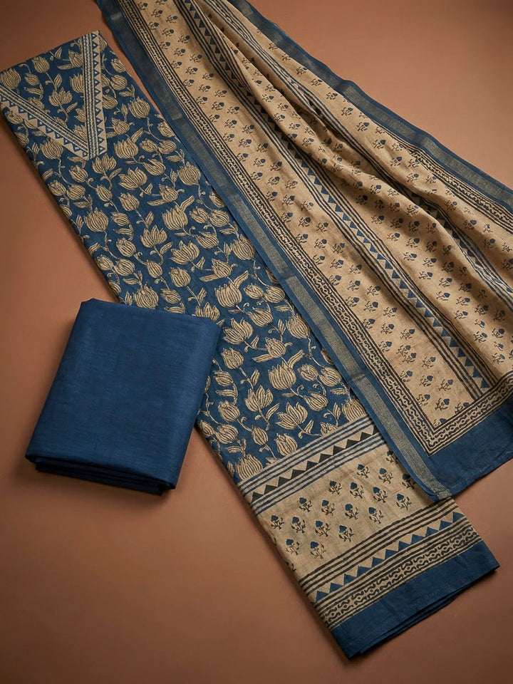 Blue Chanderi Printed Unstitched Dress Material