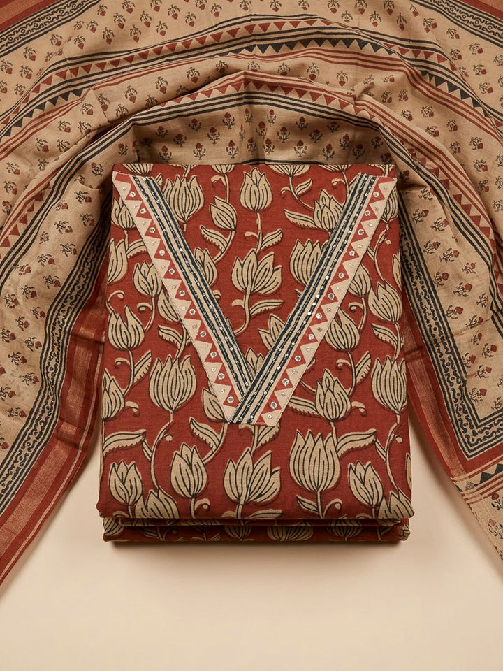Maroon Chanderi Printed Unstitched Dress Material