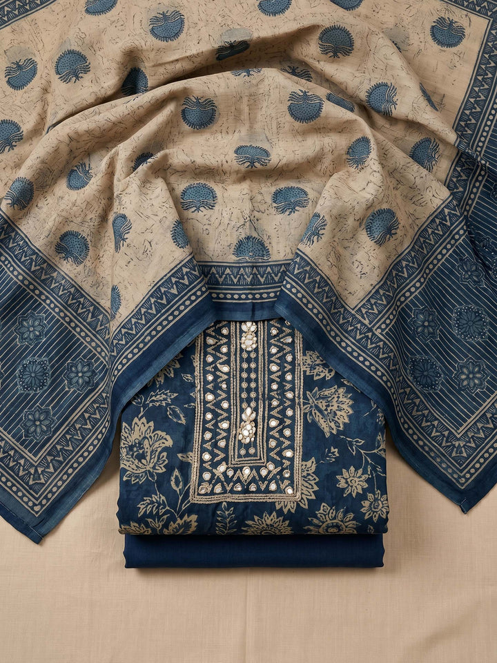 Blue Printed Chanderi Unstitched Suit &amp; Pant With Chanderi Dupatta