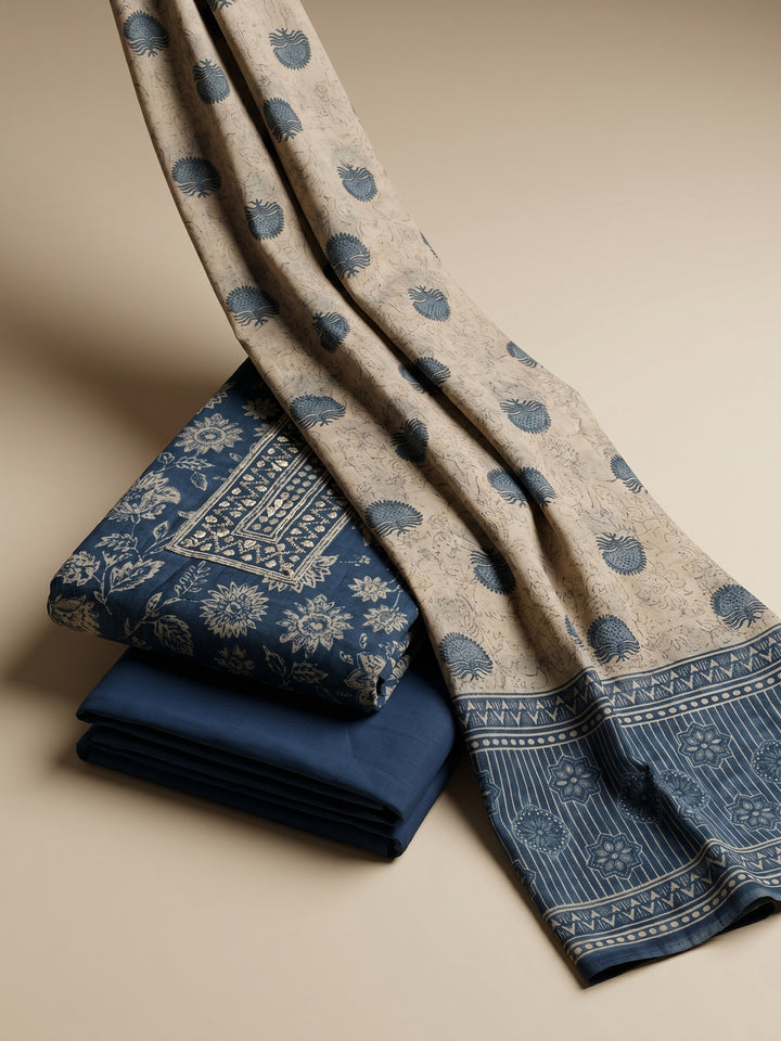 Blue Printed Chanderi Unstitched Suit &amp; Pant With Chanderi Dupatta
