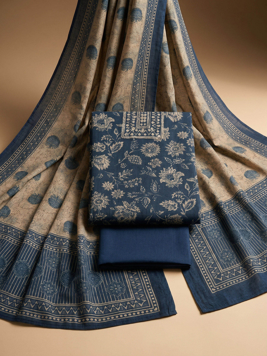 Blue Printed Chanderi Unstitched Suit &amp; Pant With Chanderi Dupatta