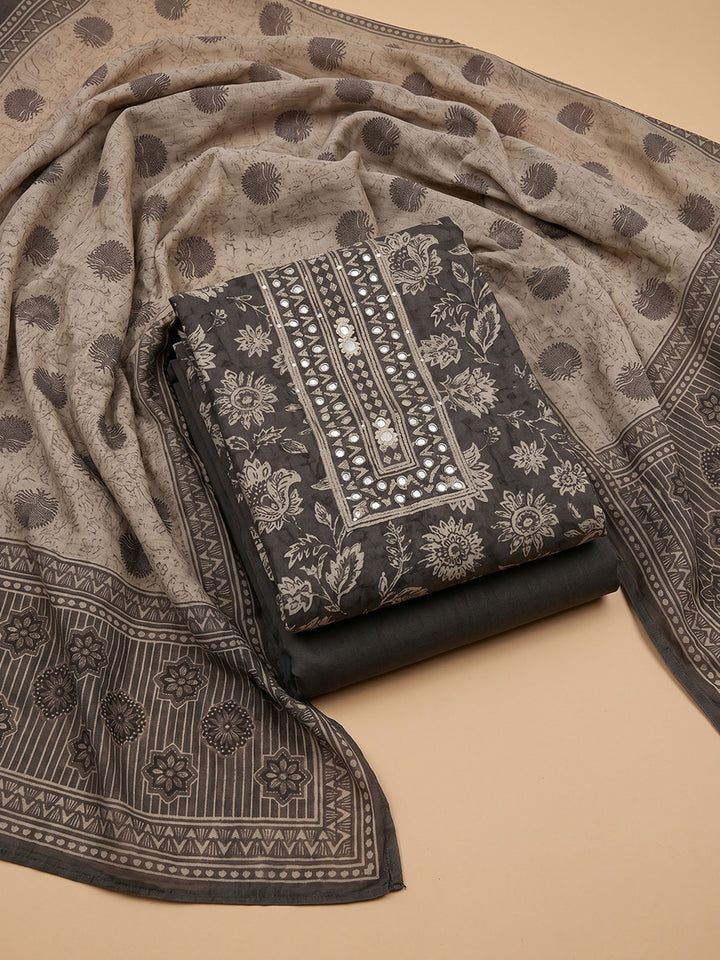 Grey Printed Chanderi Unstitched Suit &amp; Pant With Chanderi Dupatta