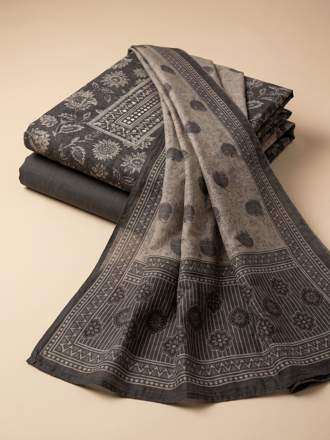 Grey Printed Chanderi Unstitched Suit &amp; Pant With Chanderi Dupatta