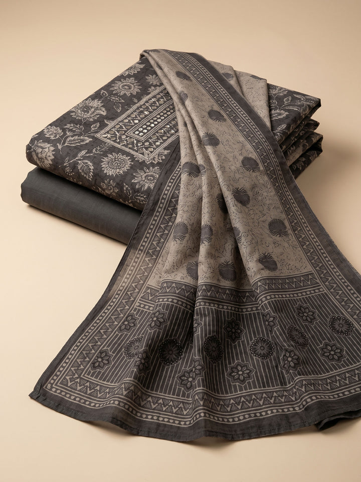 Grey Printed Chanderi Unstitched Suit &amp; Pant With Chanderi Dupatta