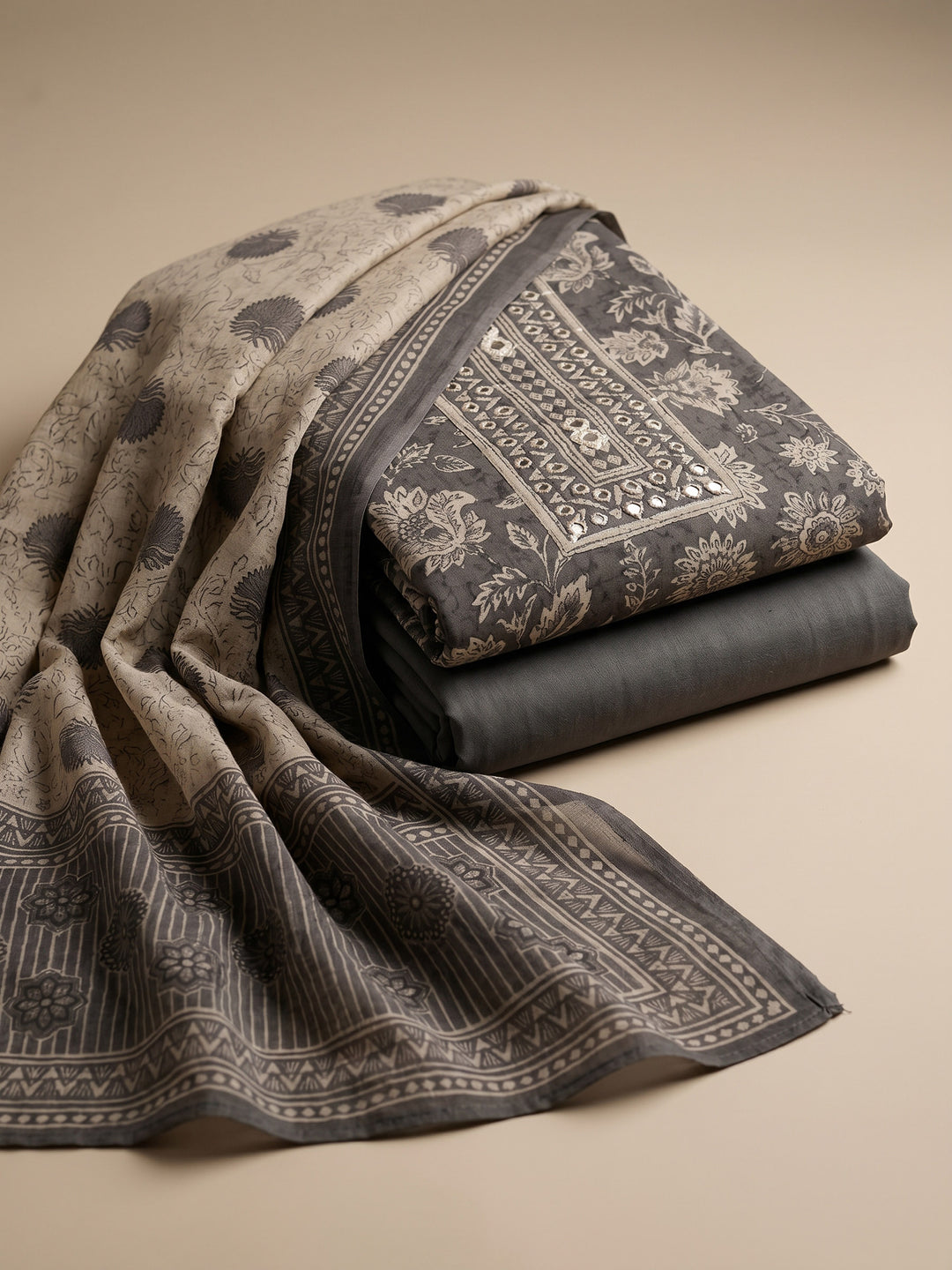 Grey Printed Chanderi Unstitched Suit &amp; Pant With Chanderi Dupatta
