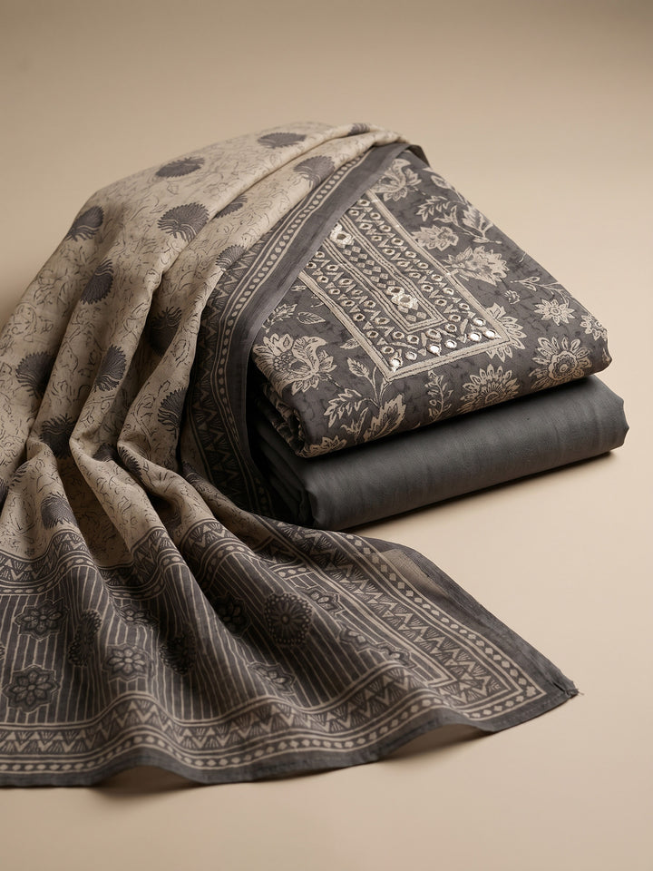 Grey Printed Chanderi Unstitched Suit &amp; Pant With Chanderi Dupatta