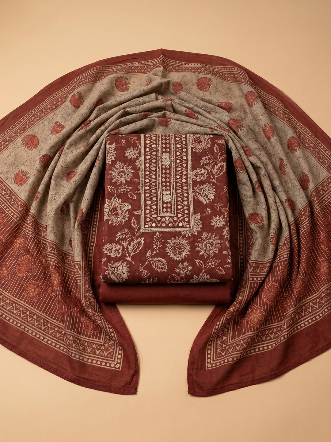 Maroon Printed Chanderi Unstitched Suit &amp; Pant With Chanderi Dupatta