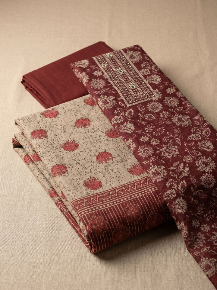 Maroon Printed Chanderi Unstitched Suit &amp; Pant With Chanderi Dupatta