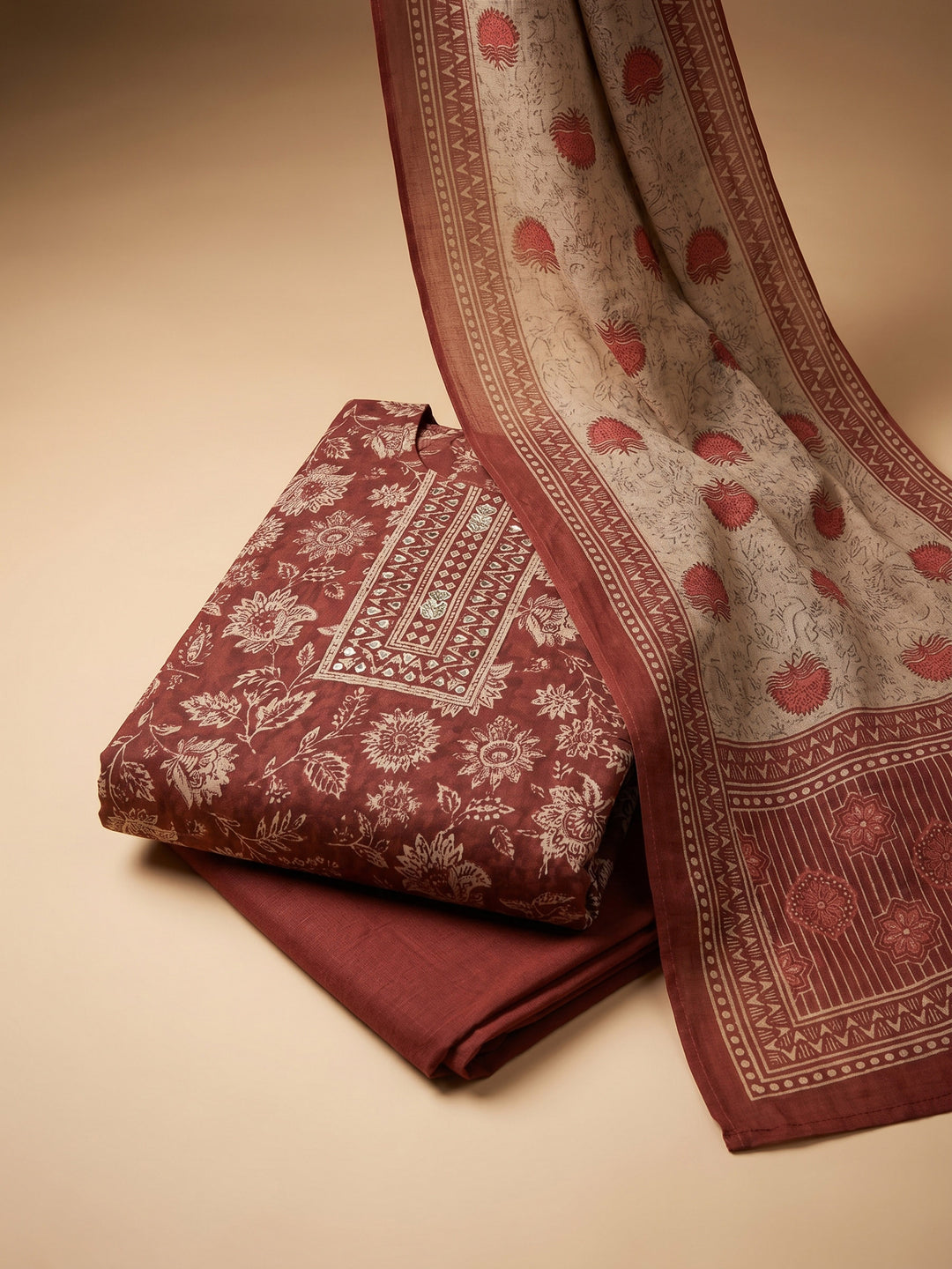 Maroon Printed Chanderi Unstitched Suit &amp; Pant With Chanderi Dupatta