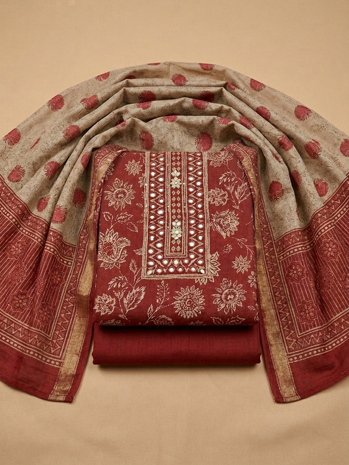 Red Printed Chanderi Unstitched Suit &amp; Pant With Chanderi Dupatta