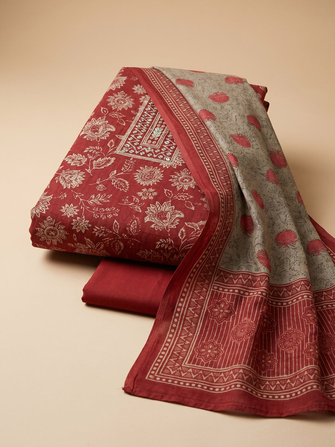 Red Printed Chanderi Unstitched Suit &amp; Pant With Chanderi Dupatta