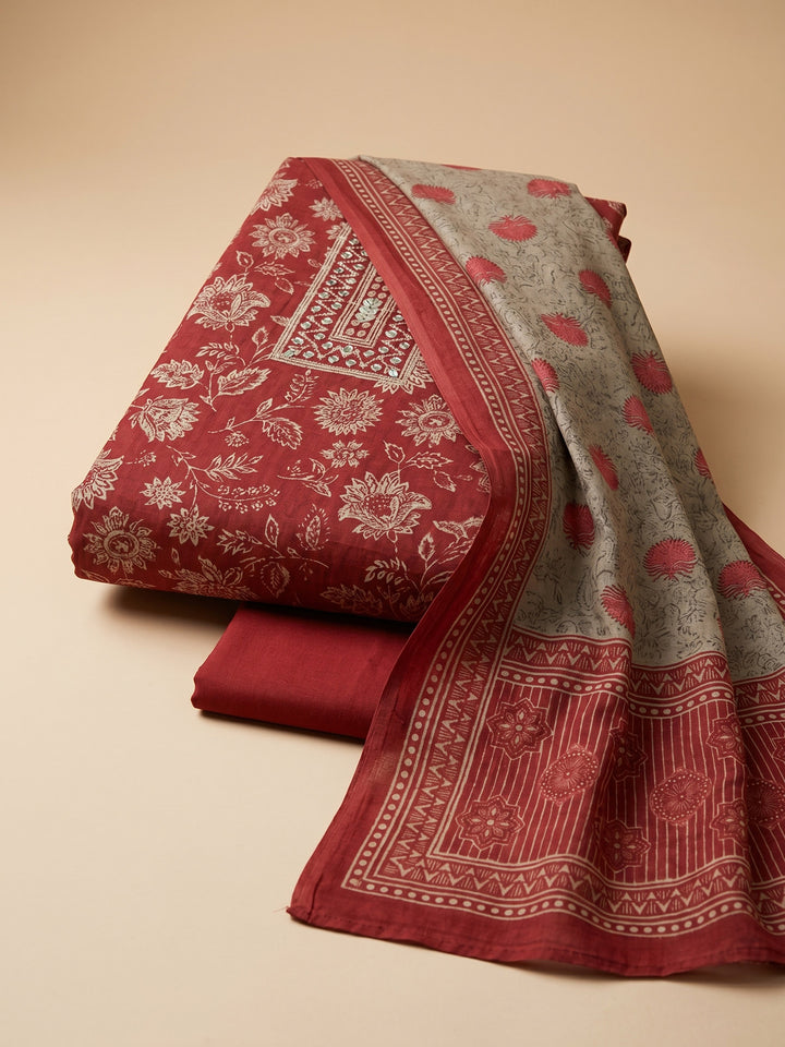 Red Printed Chanderi Unstitched Suit &amp; Pant With Chanderi Dupatta