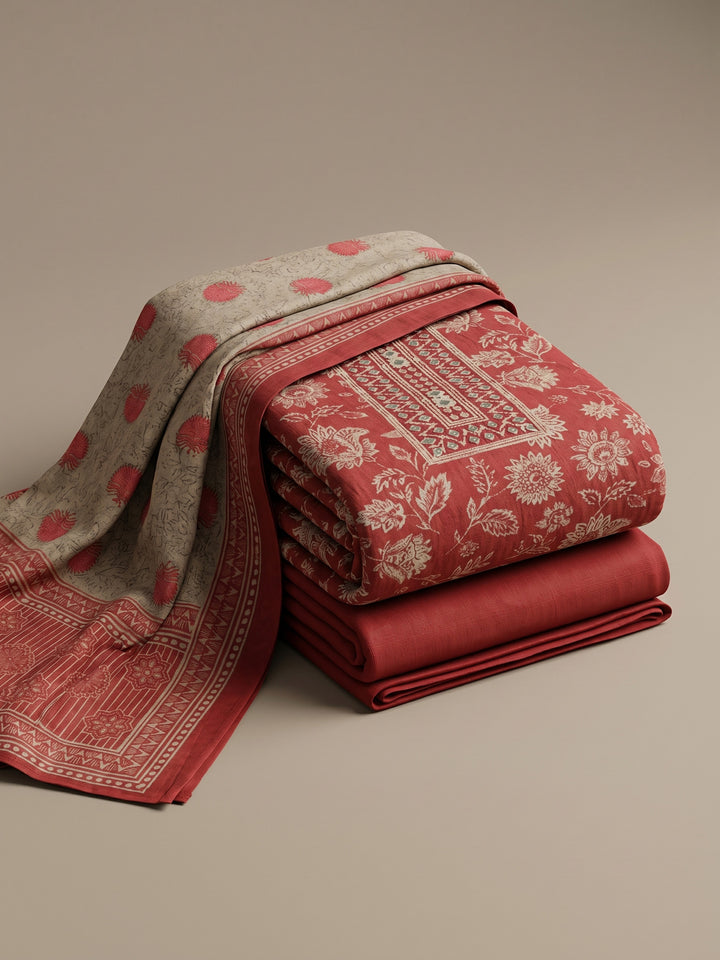 Red Printed Chanderi Unstitched Suit &amp; Pant With Chanderi Dupatta