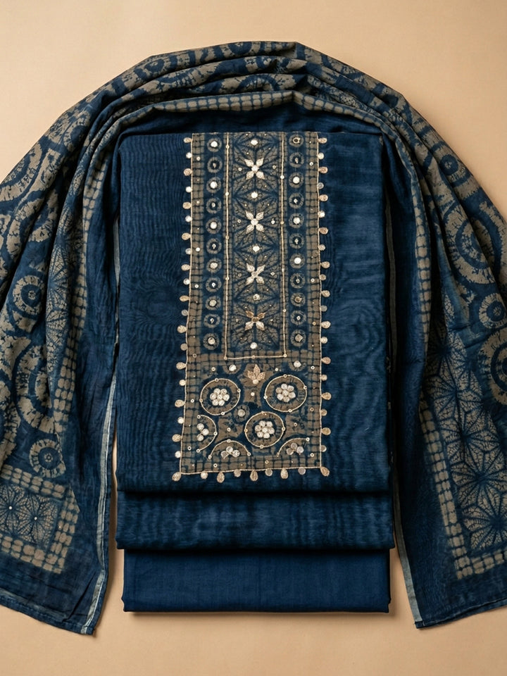 Indigo Printed Chanderi Unstitched Suit &amp; Pant With Chanderi Dupatta