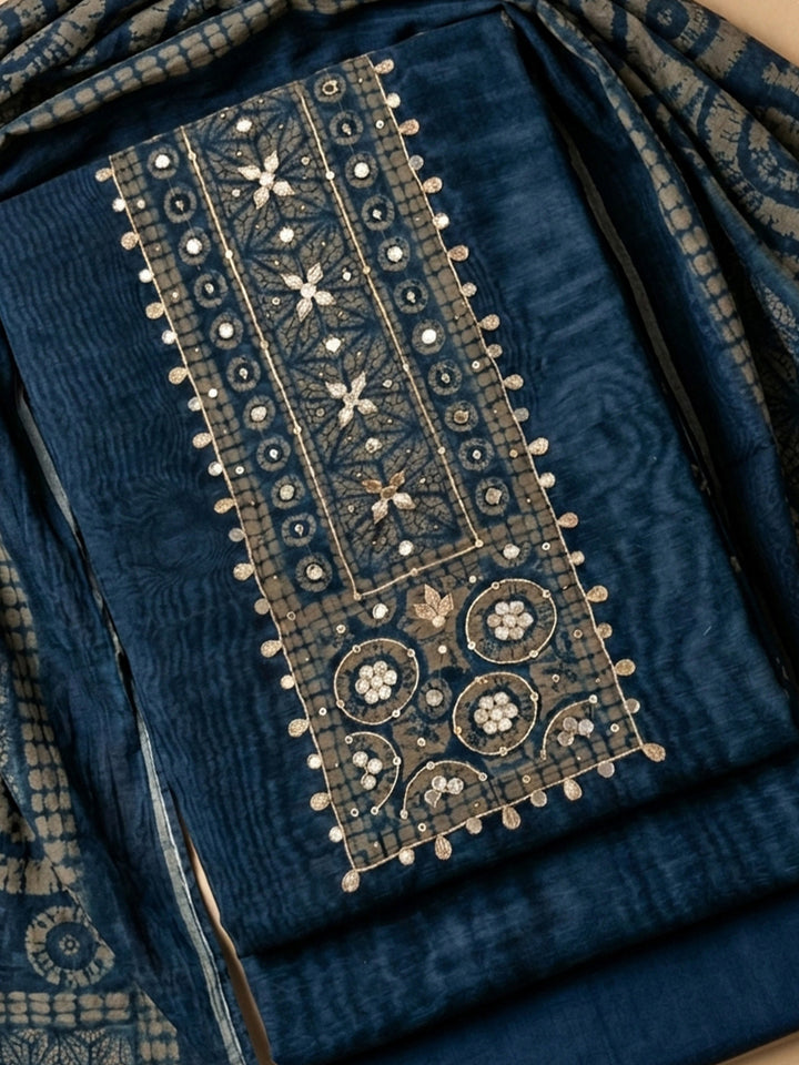 Indigo Printed Chanderi Unstitched Suit &amp; Pant With Chanderi Dupatta