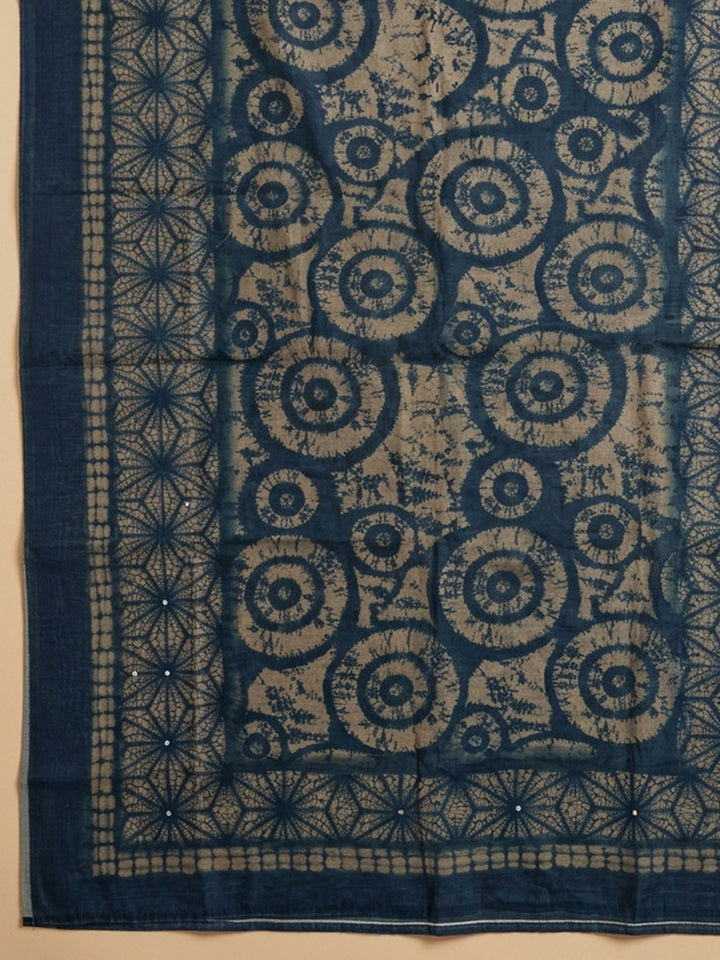 Indigo Printed Chanderi Unstitched Suit &amp; Pant With Chanderi Dupatta