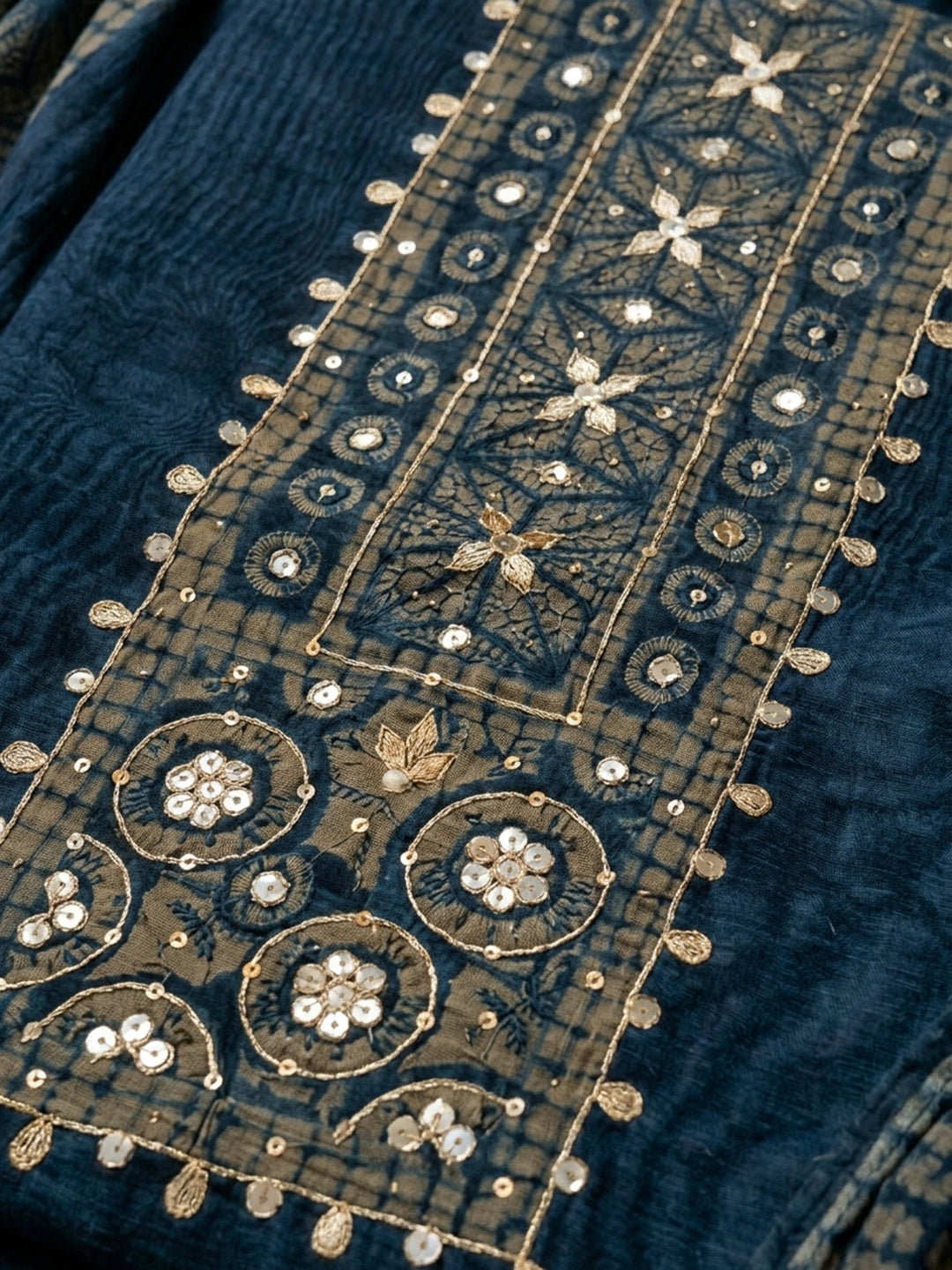 Indigo Printed Chanderi Unstitched Suit &amp; Pant With Chanderi Dupatta
