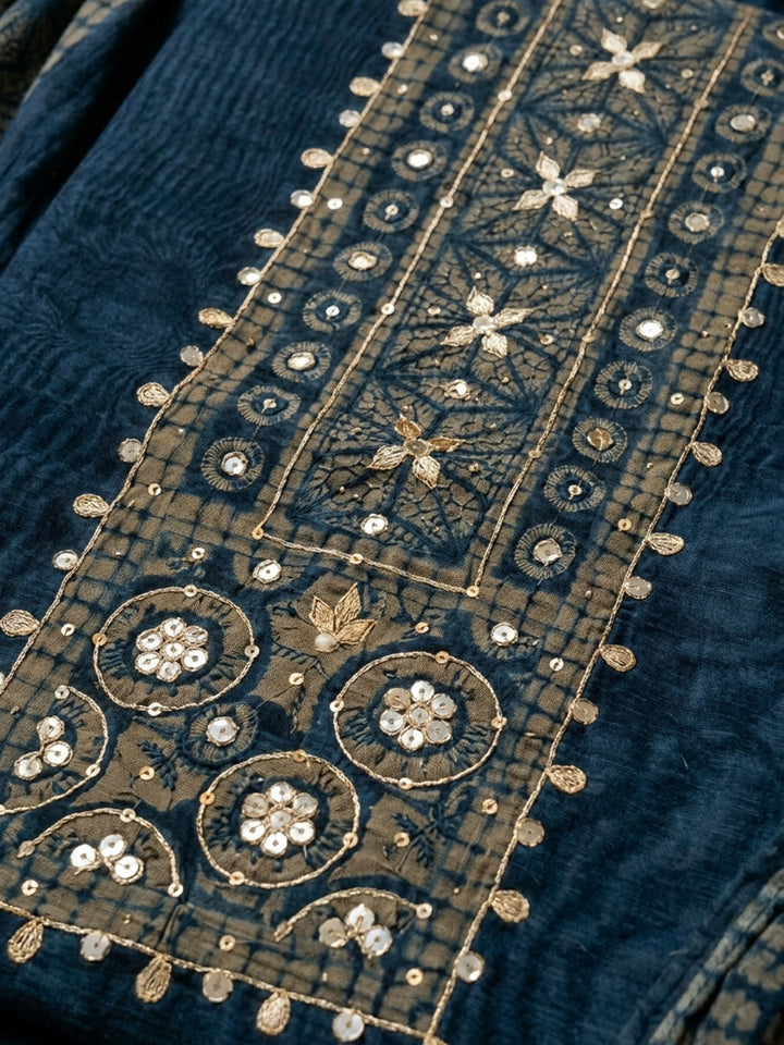 Indigo Printed Chanderi Unstitched Suit &amp; Pant With Chanderi Dupatta
