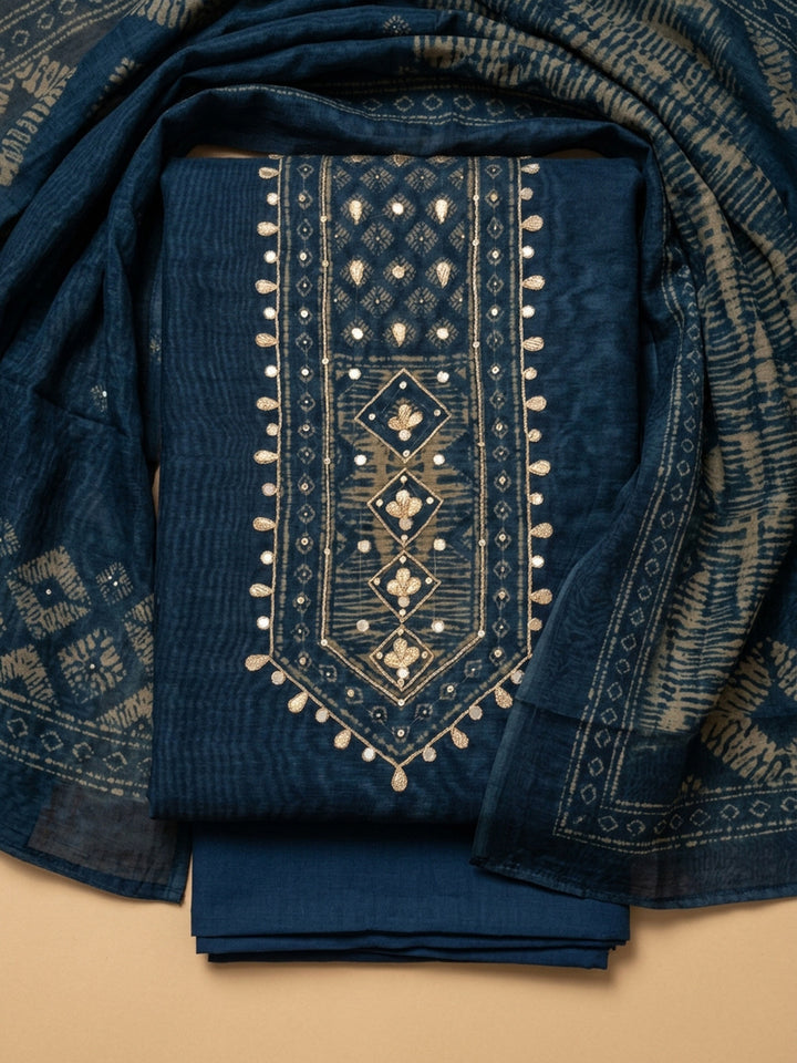 Indigo Printed Chanderi Unstitched Suit &amp; Pant With Chanderi Dupatta