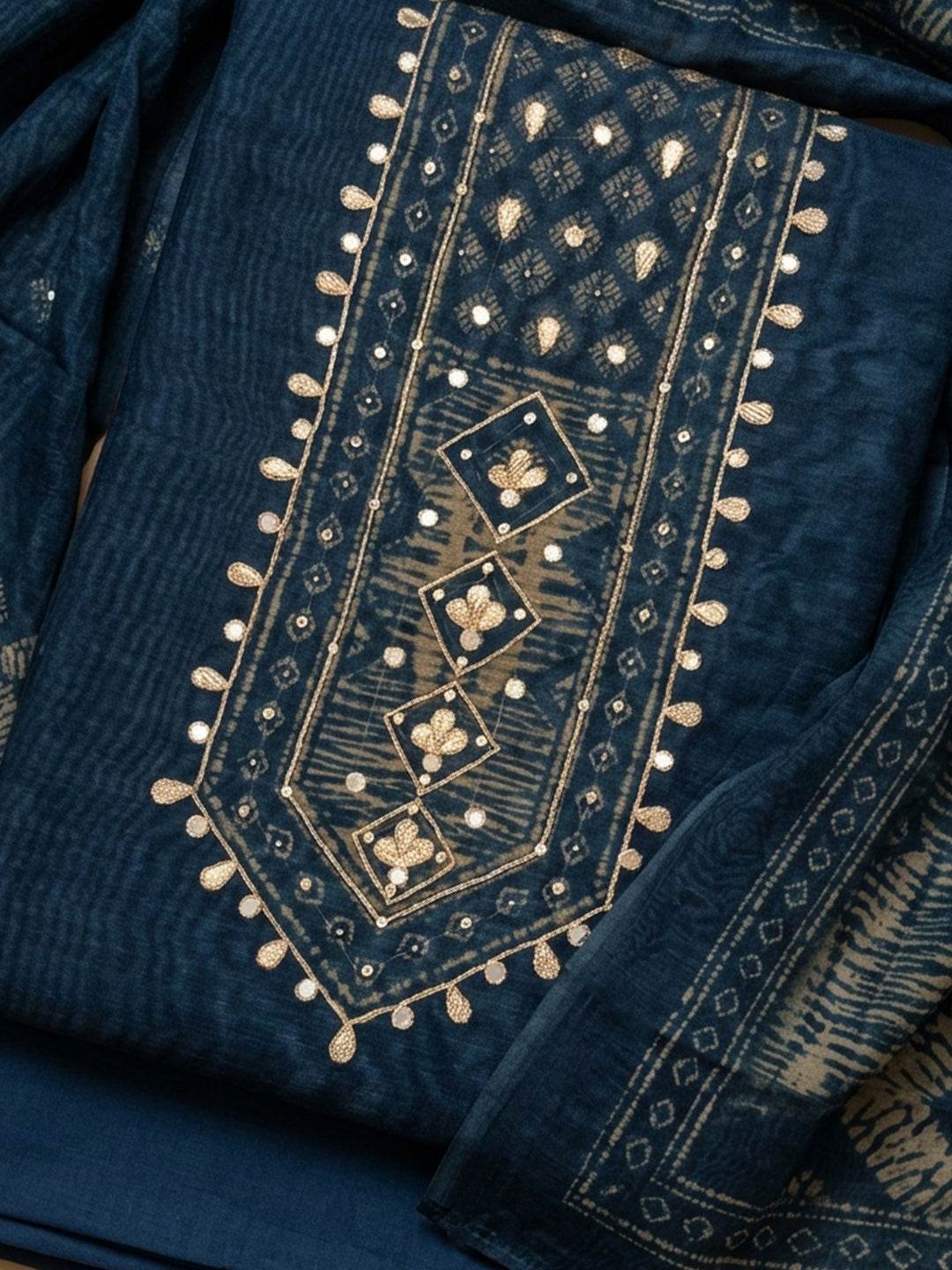 Indigo Printed Chanderi Unstitched Suit &amp; Pant With Chanderi Dupatta