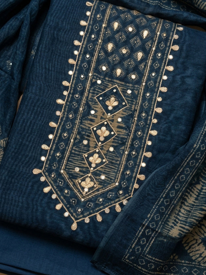 Indigo Printed Chanderi Unstitched Suit &amp; Pant With Chanderi Dupatta