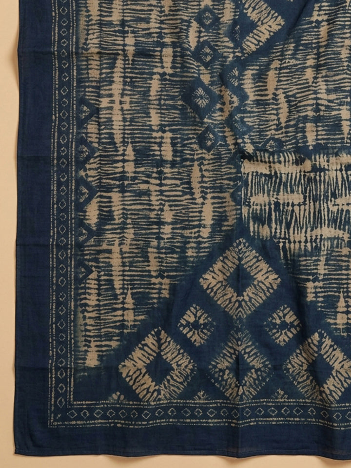 Indigo Printed Chanderi Unstitched Suit &amp; Pant With Chanderi Dupatta