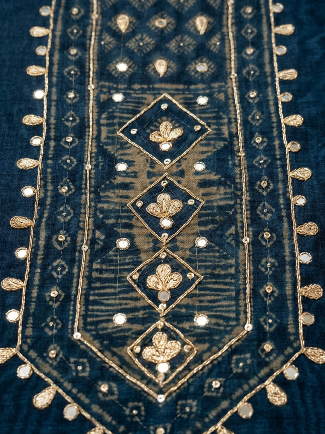 Indigo Printed Chanderi Unstitched Suit &amp; Pant With Chanderi Dupatta