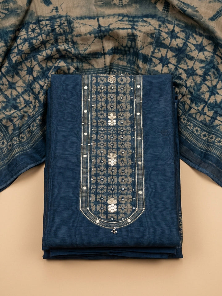 Indigo Printed Chanderi Unstitched Suit &amp; Pant With Chanderi Dupatta
