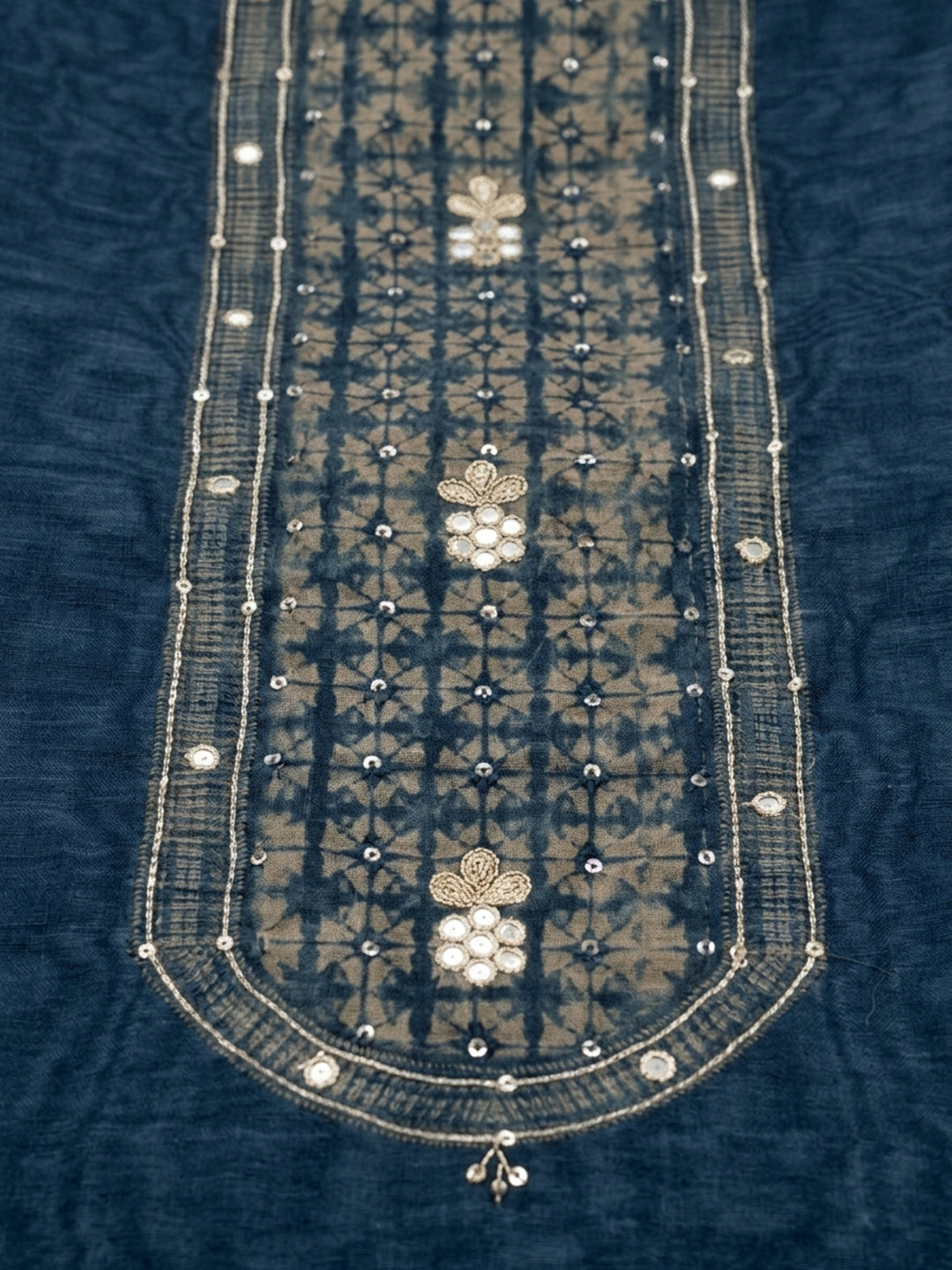 Indigo Printed Chanderi Unstitched Suit &amp; Pant With Chanderi Dupatta