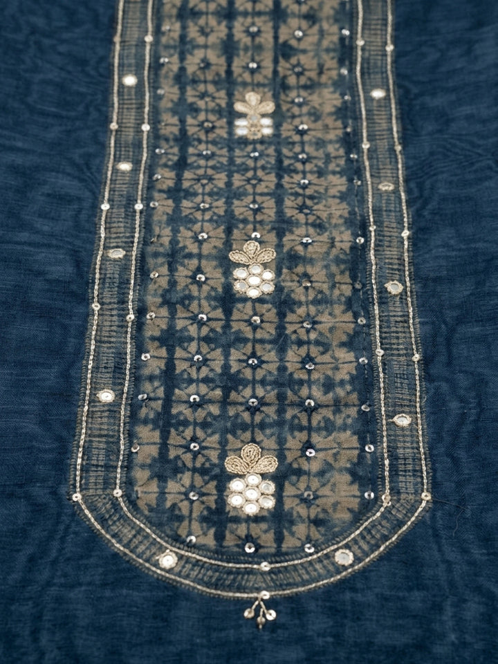Indigo Printed Chanderi Unstitched Suit &amp; Pant With Chanderi Dupatta