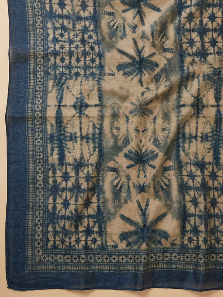 Indigo Printed Chanderi Unstitched Suit &amp; Pant With Chanderi Dupatta