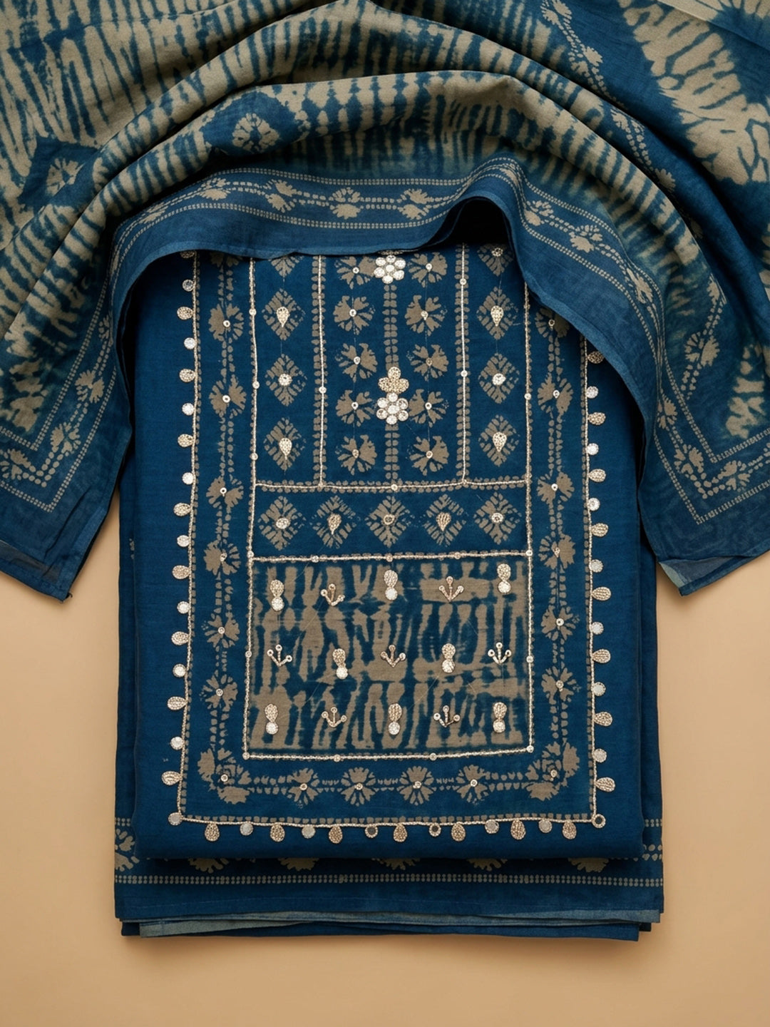 Indigo Printed Chanderi Unstitched Suit &amp; Pant With Chanderi Dupatta