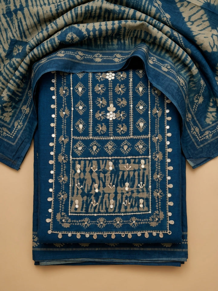 Indigo Printed Chanderi Unstitched Suit &amp; Pant With Chanderi Dupatta