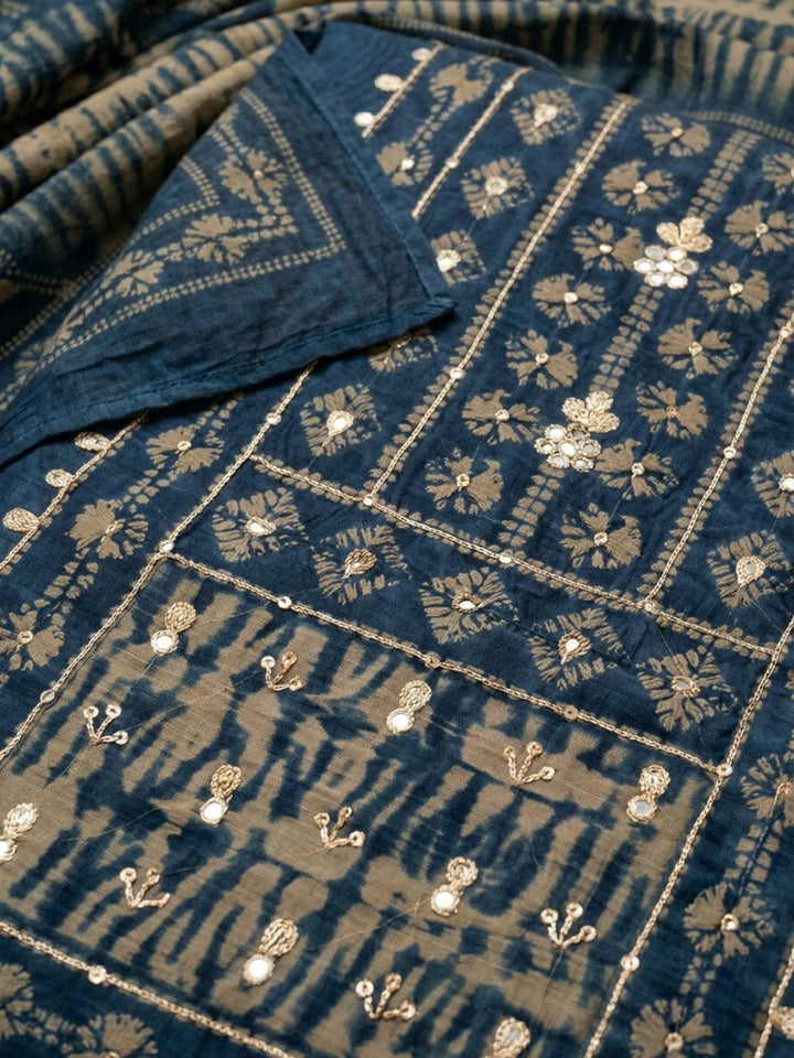 Indigo Printed Chanderi Unstitched Suit &amp; Pant With Chanderi Dupatta