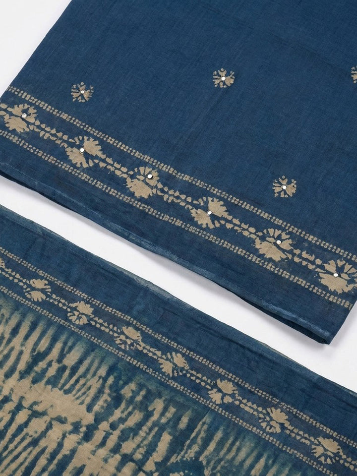 Indigo Printed Chanderi Unstitched Suit &amp; Pant With Chanderi Dupatta