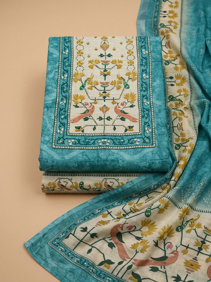 Blue Printed Chanderi Unstitched Suit &amp; Pant With Chanderi Dupatta