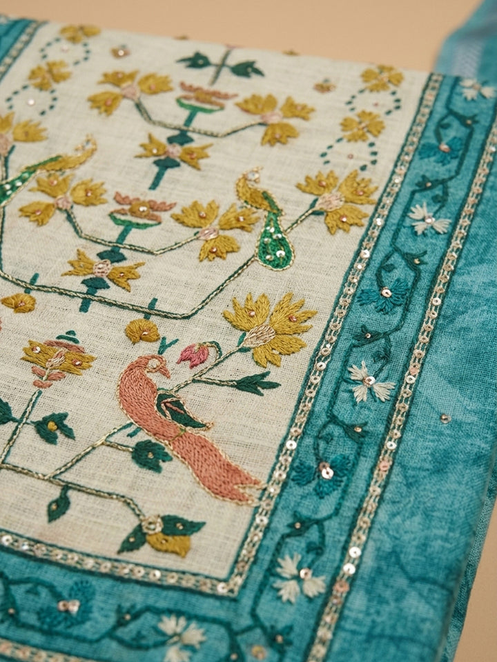 Blue Printed Chanderi Unstitched Suit &amp; Pant With Chanderi Dupatta