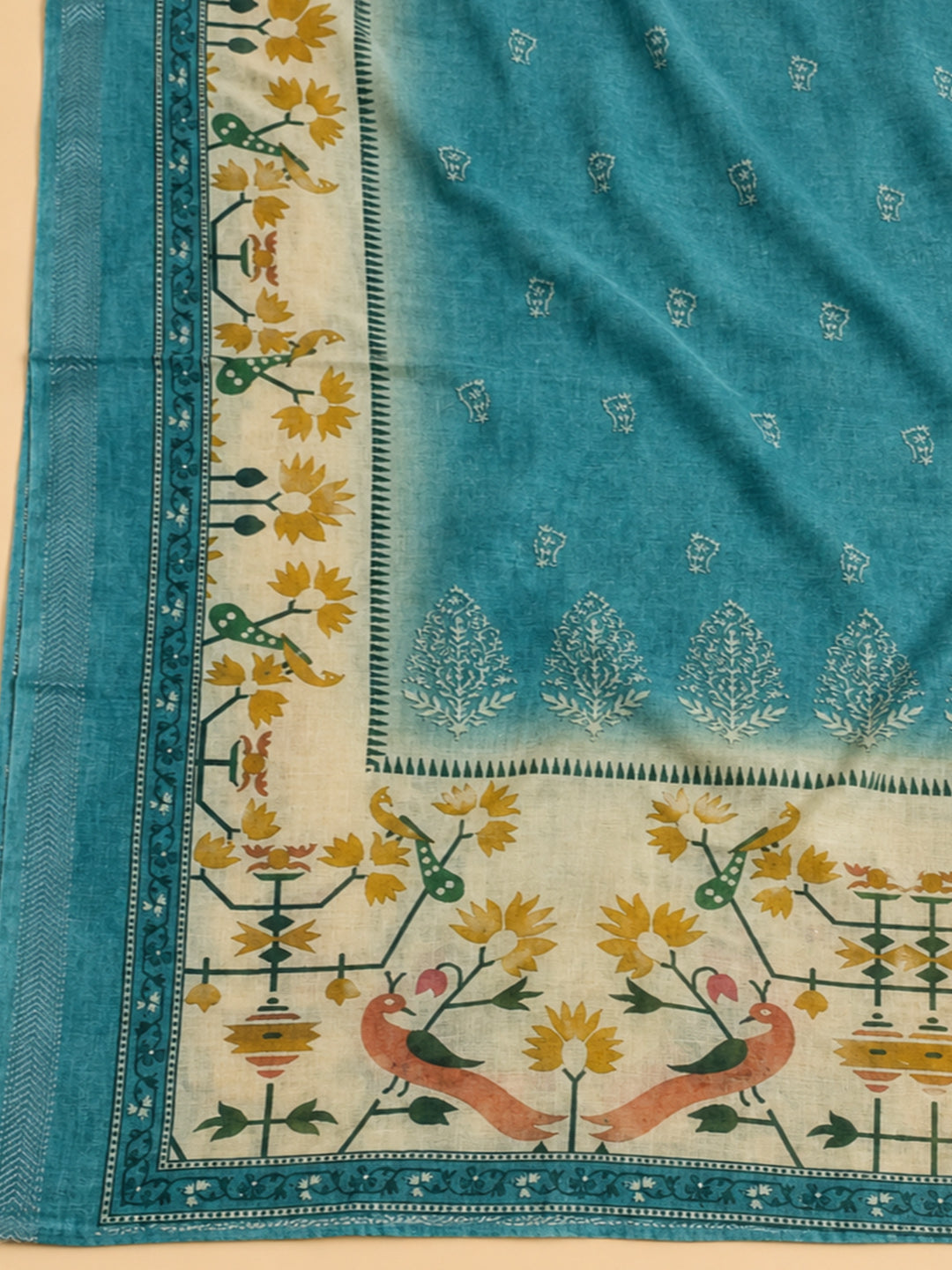 Blue Printed Chanderi Unstitched Suit &amp; Pant With Chanderi Dupatta
