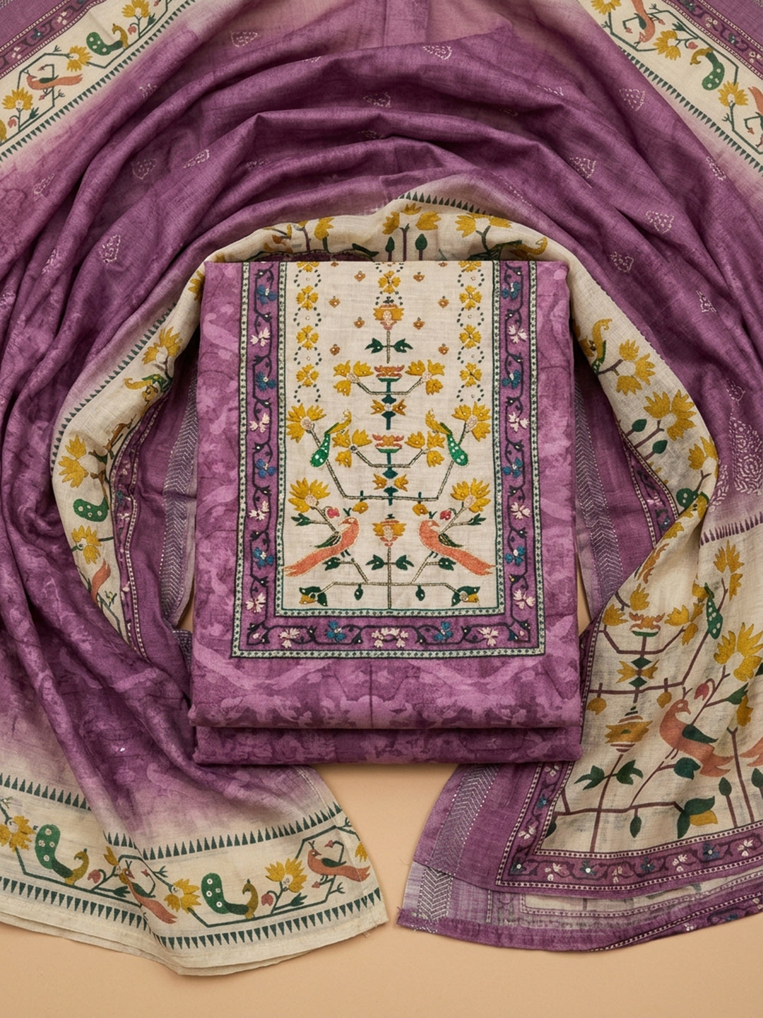Lavender Printed Chanderi Unstitched Suit &amp; Pant With Chanderi Dupatta