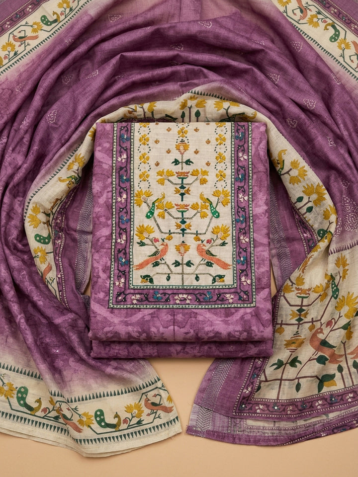 Lavender Printed Chanderi Unstitched Suit &amp; Pant With Chanderi Dupatta