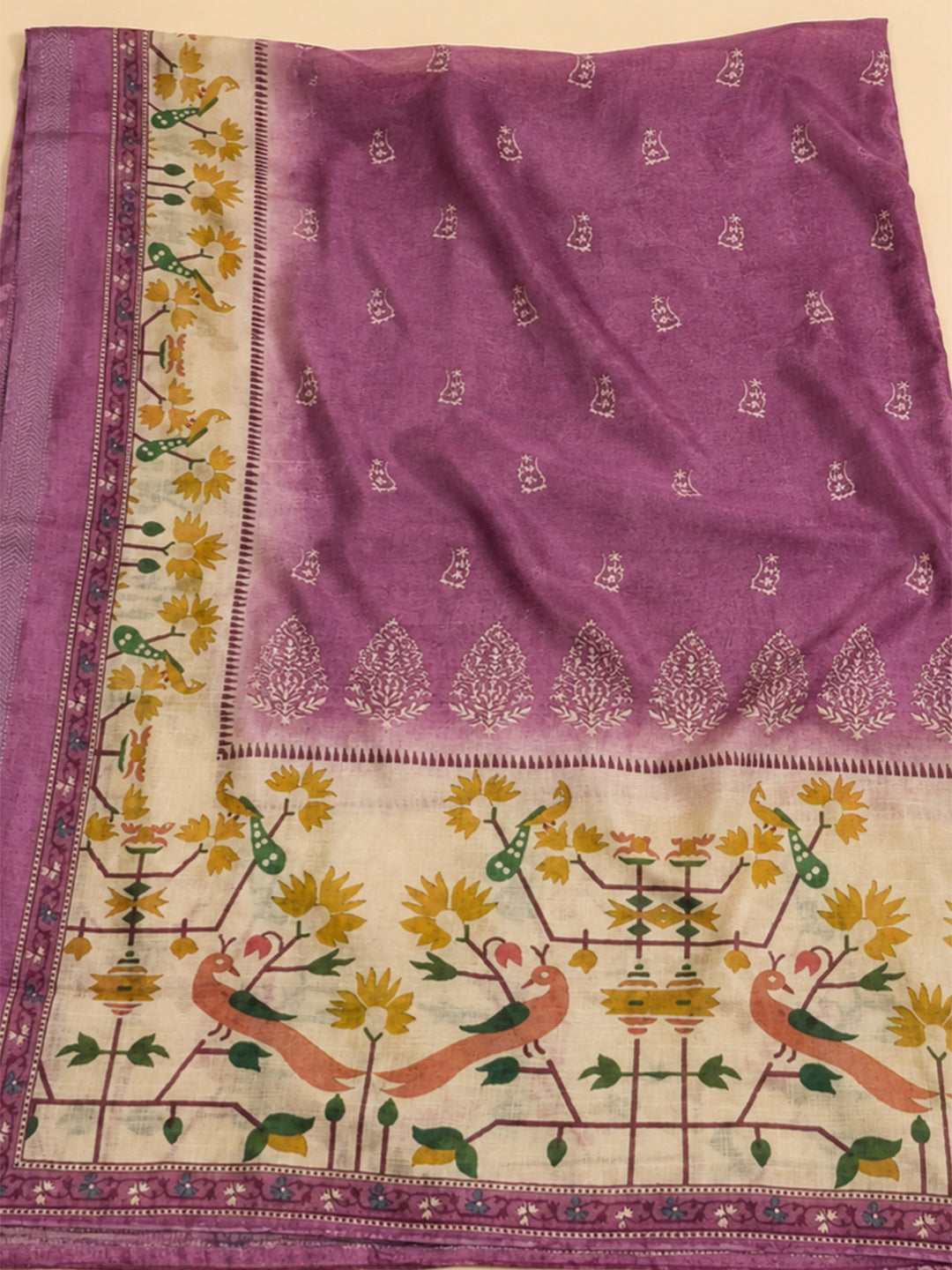 Lavender Printed Chanderi Unstitched Suit &amp; Pant With Chanderi Dupatta
