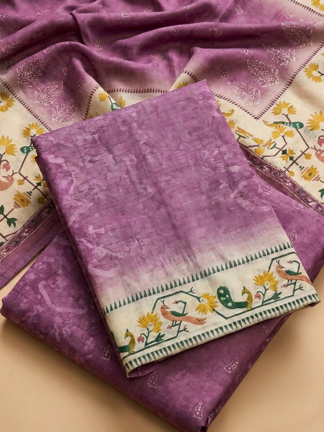 Lavender Printed Chanderi Unstitched Suit &amp; Pant With Chanderi Dupatta